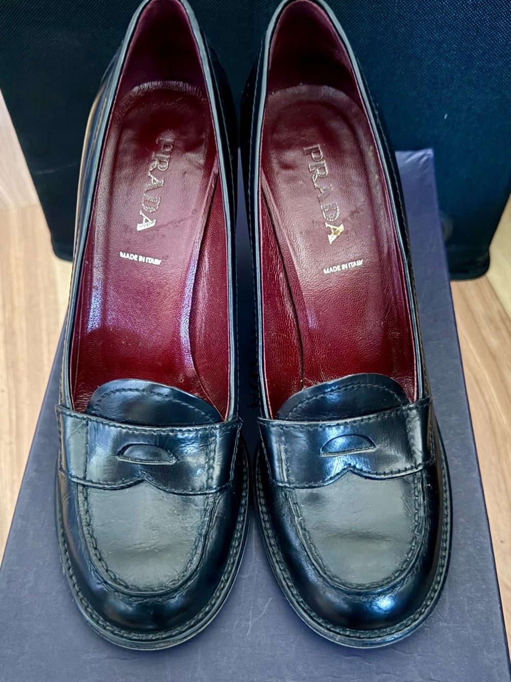 PRADA vintage Black Leather Penny Loafers size 38